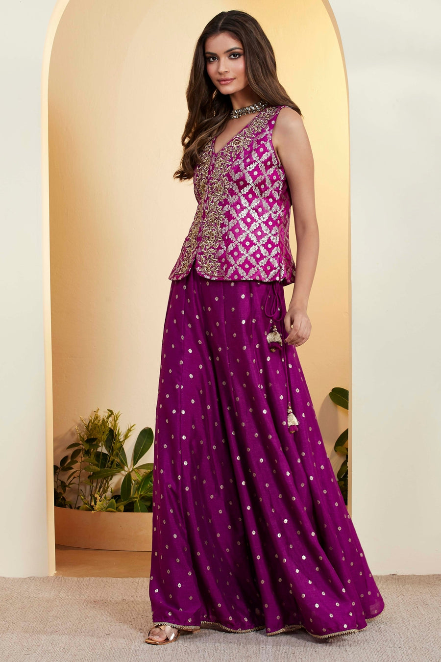 Purple Embroidered Peplum Top with Flared Sharara Palazzo Set