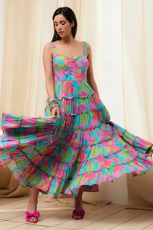 Turquoise Cotton Floral Printed Tiered Dress