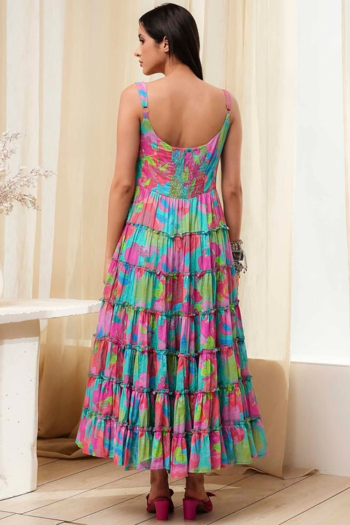 Turquoise Cotton Floral Printed Tiered Dress
