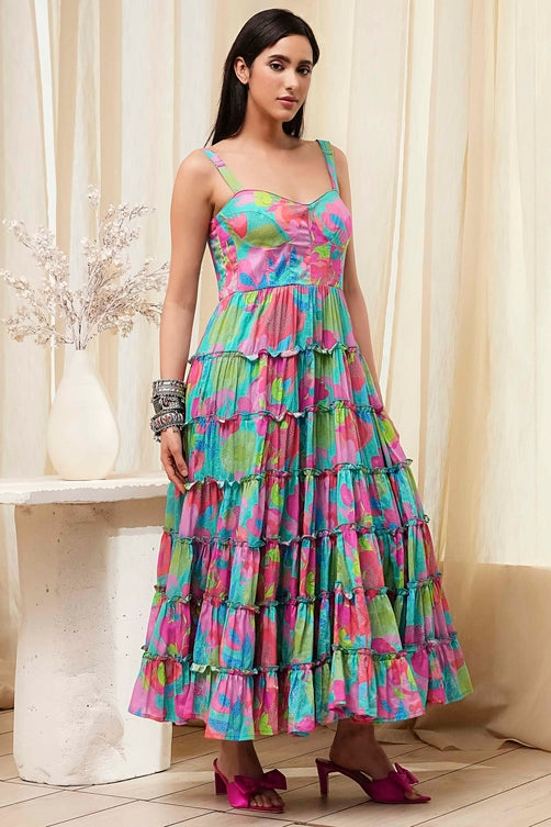 Turquoise Cotton Floral Printed Tiered Dress