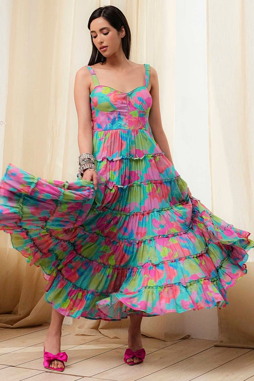Turquoise Cotton Floral Printed Tiered Dress