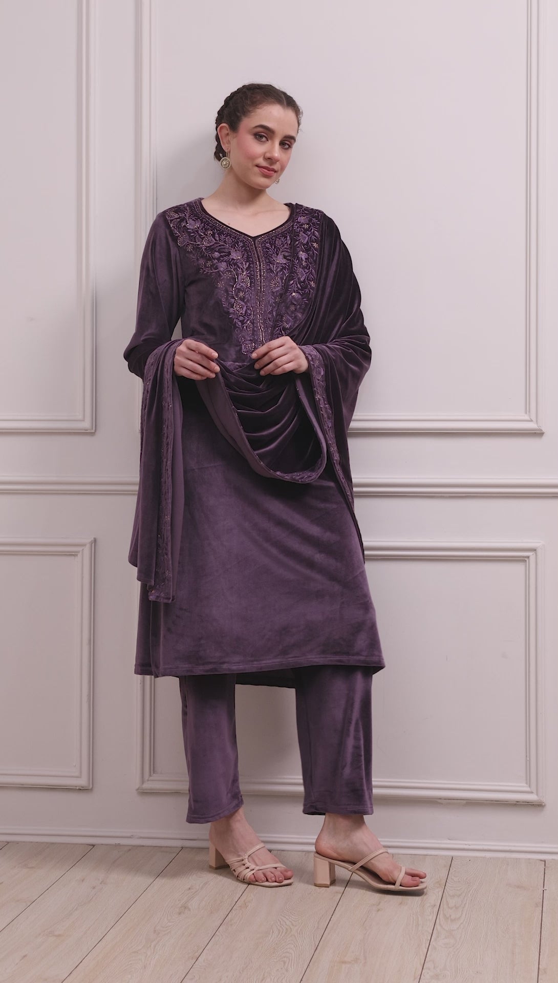 Purple Velvet Straight Suit Set