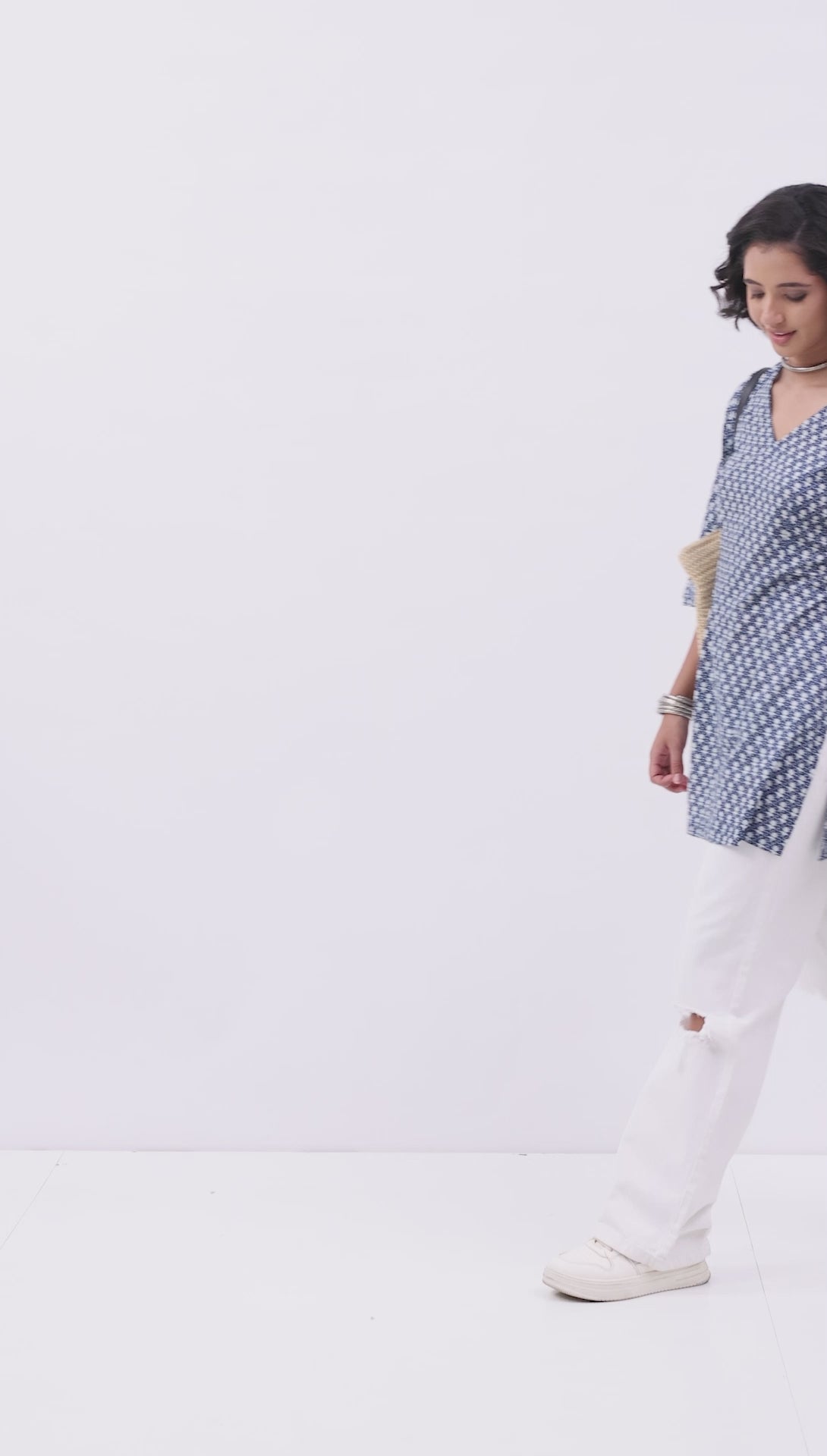 Indigo Cotton Ethnic Motif Print Lace-Up Kurti