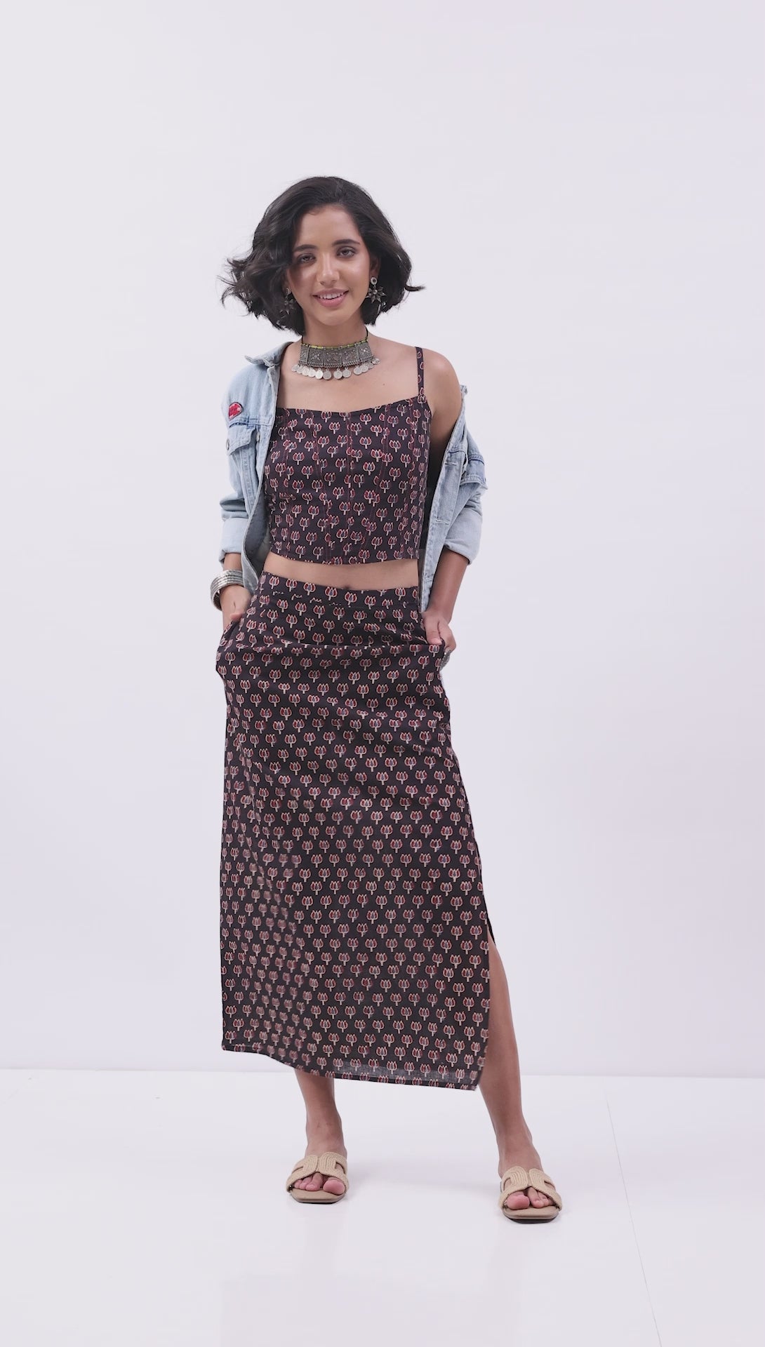 Black Cotton Floral Straight Maxi Skirt