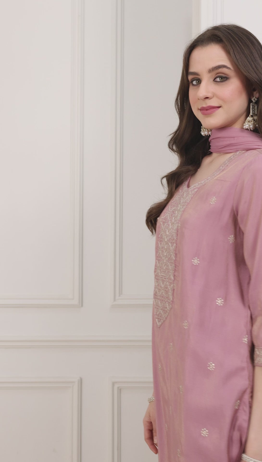 Pink yoke embroidered straight suit set by BIBA, product video