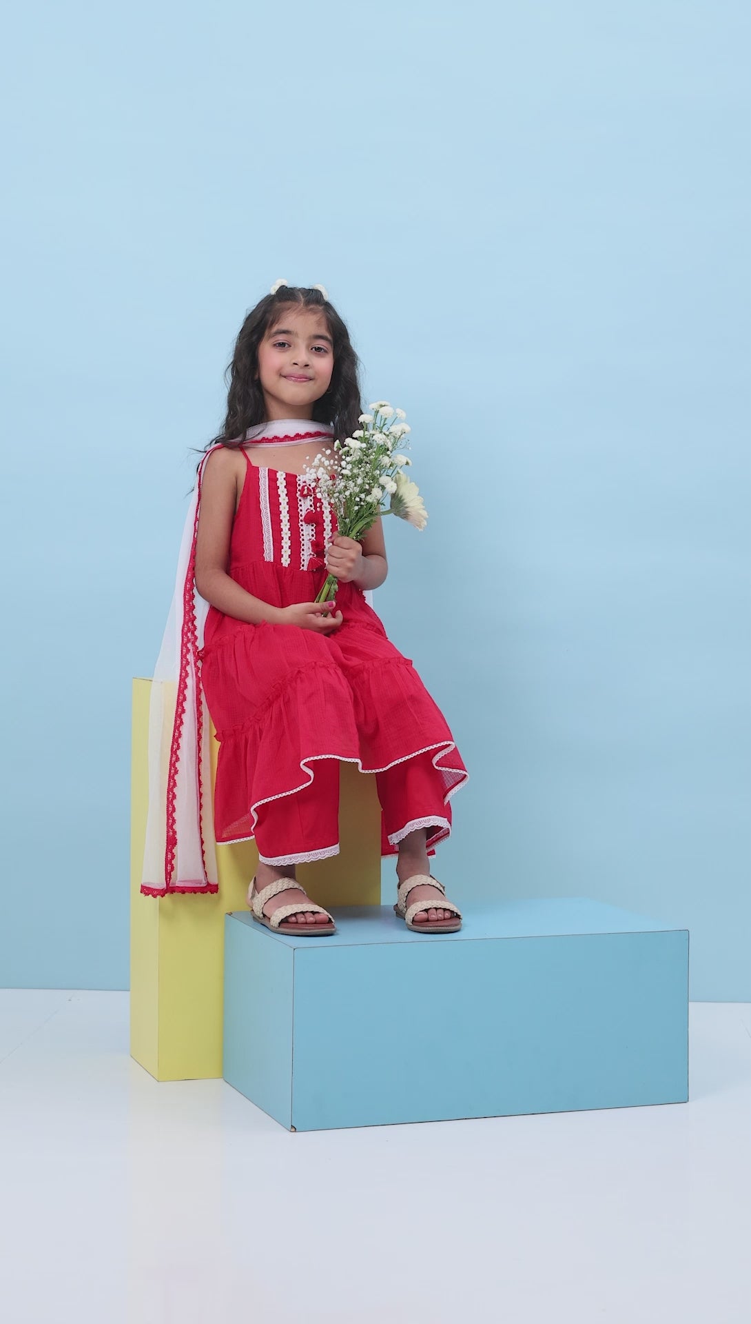 Red Cotton Solid Lace Detail Tiered Suit Set
