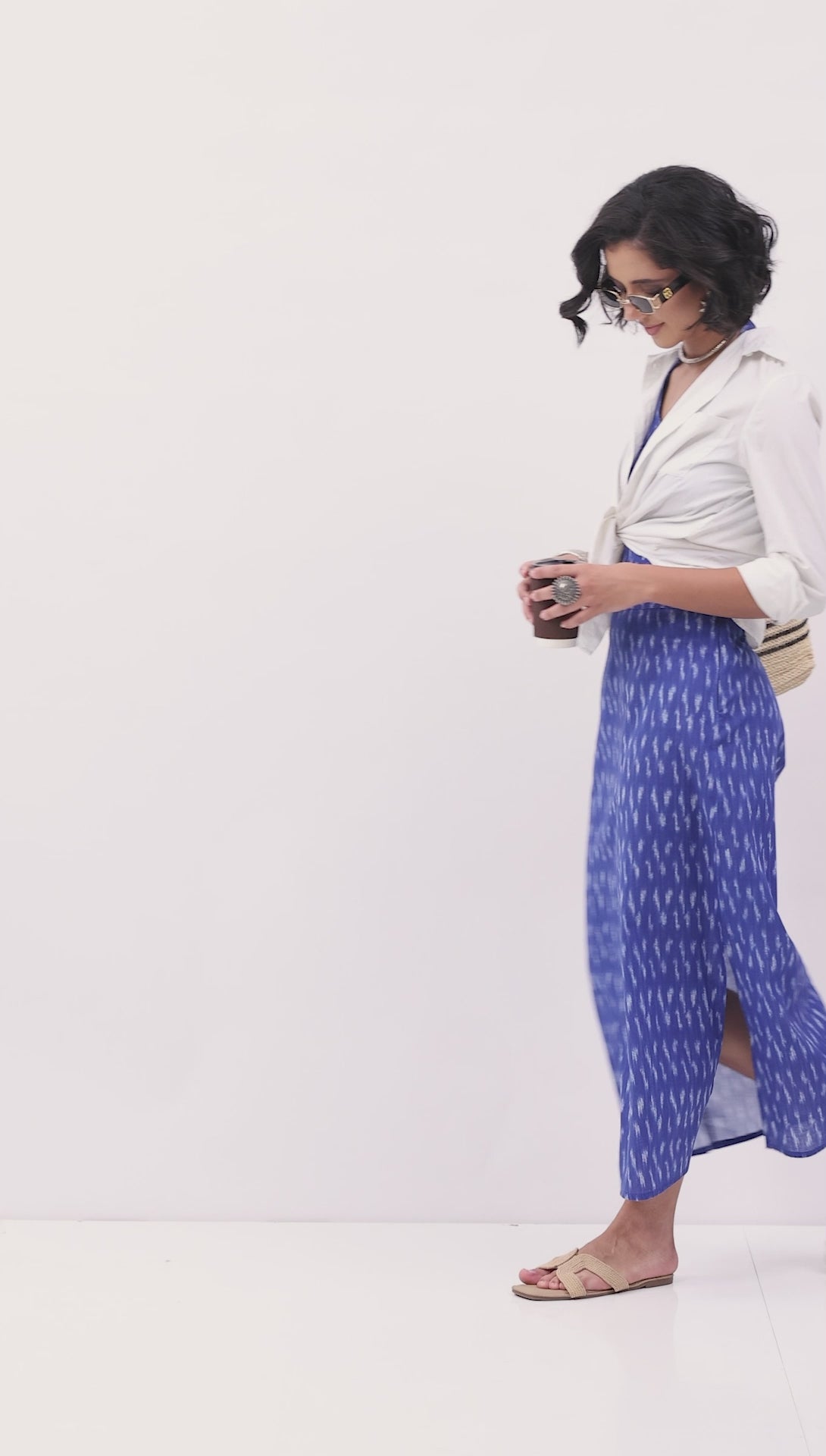 Royal Blue Cotton Abstrast Smocked Back Crop Top