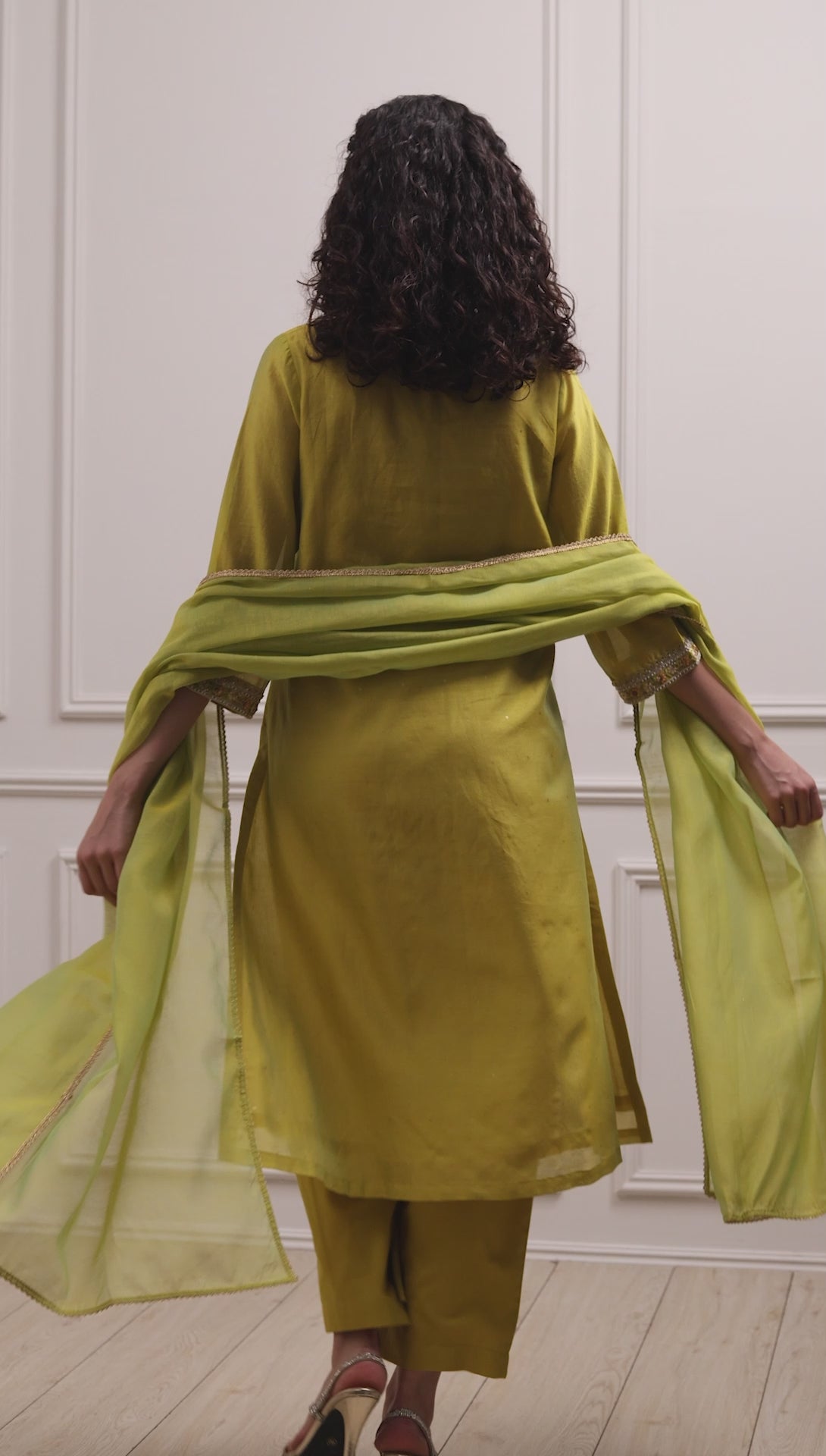 Lime Green Silk Chanderi Embroidered Dyed Straight Suit Set