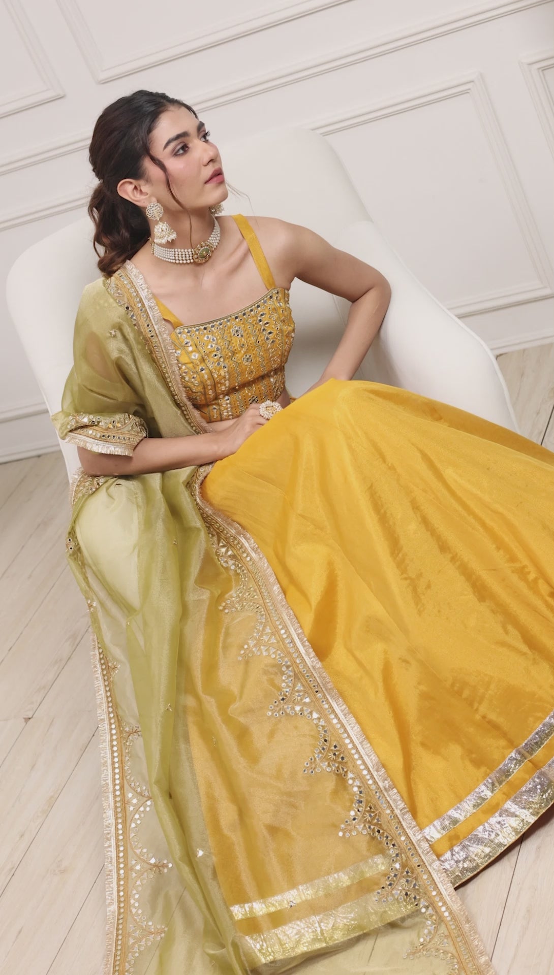 Yellow Cotton Zari Tissue Embroidered Lehenga Set