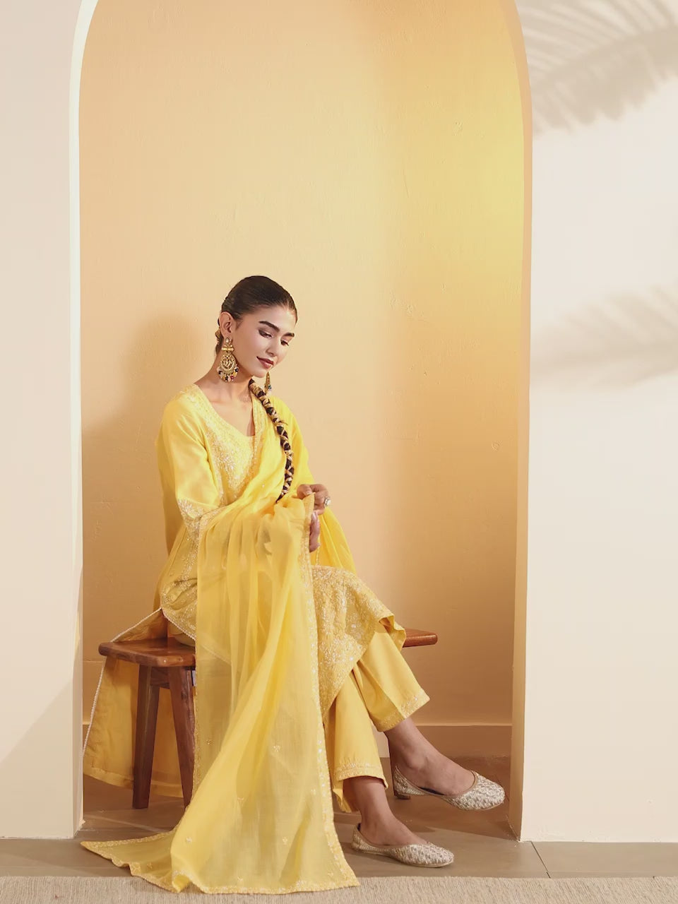 Yellow Silk Chanderi Embroidered Straight Kurta Set