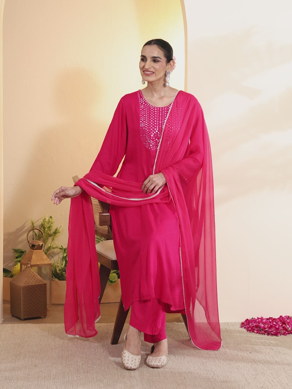 Fuchsia Viscose Rayon Embellished Yoke Straight Kurta Set