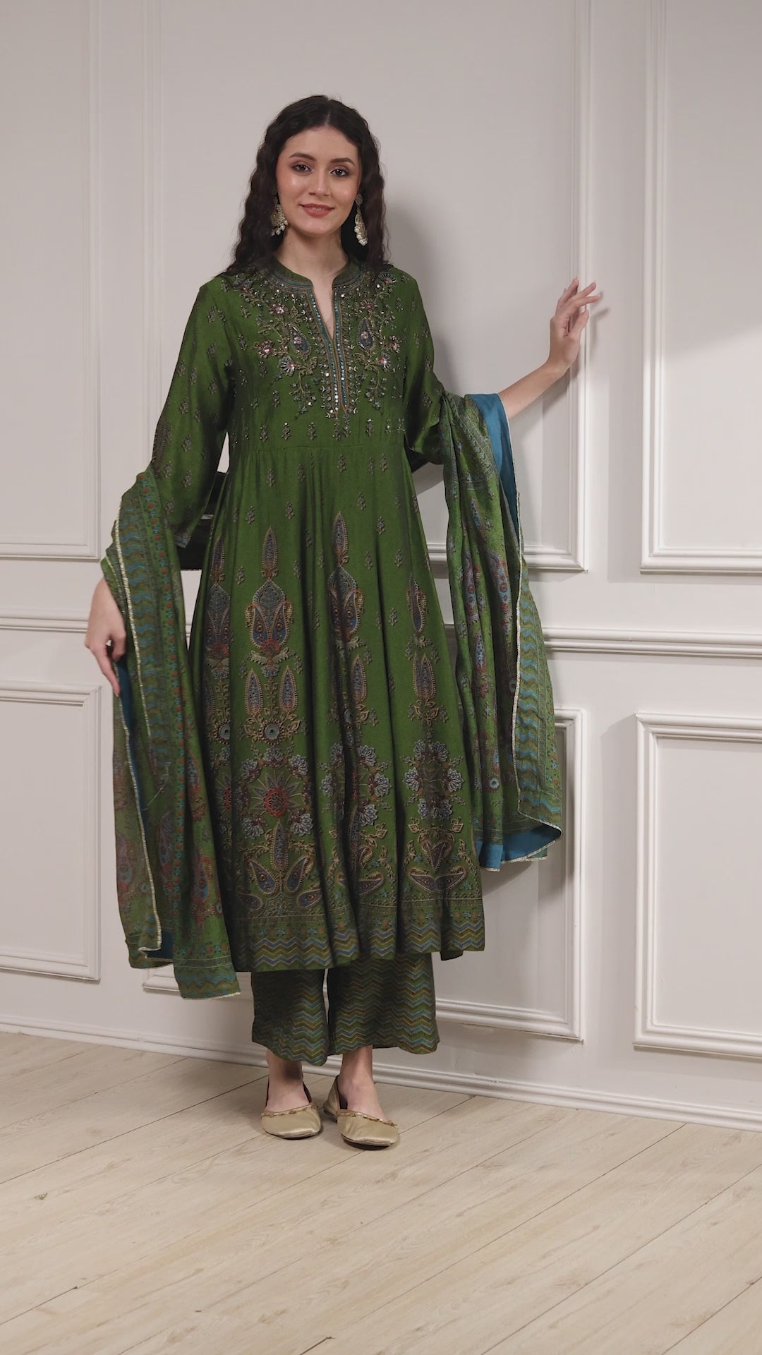 Green Printed Anarkali Suit Set