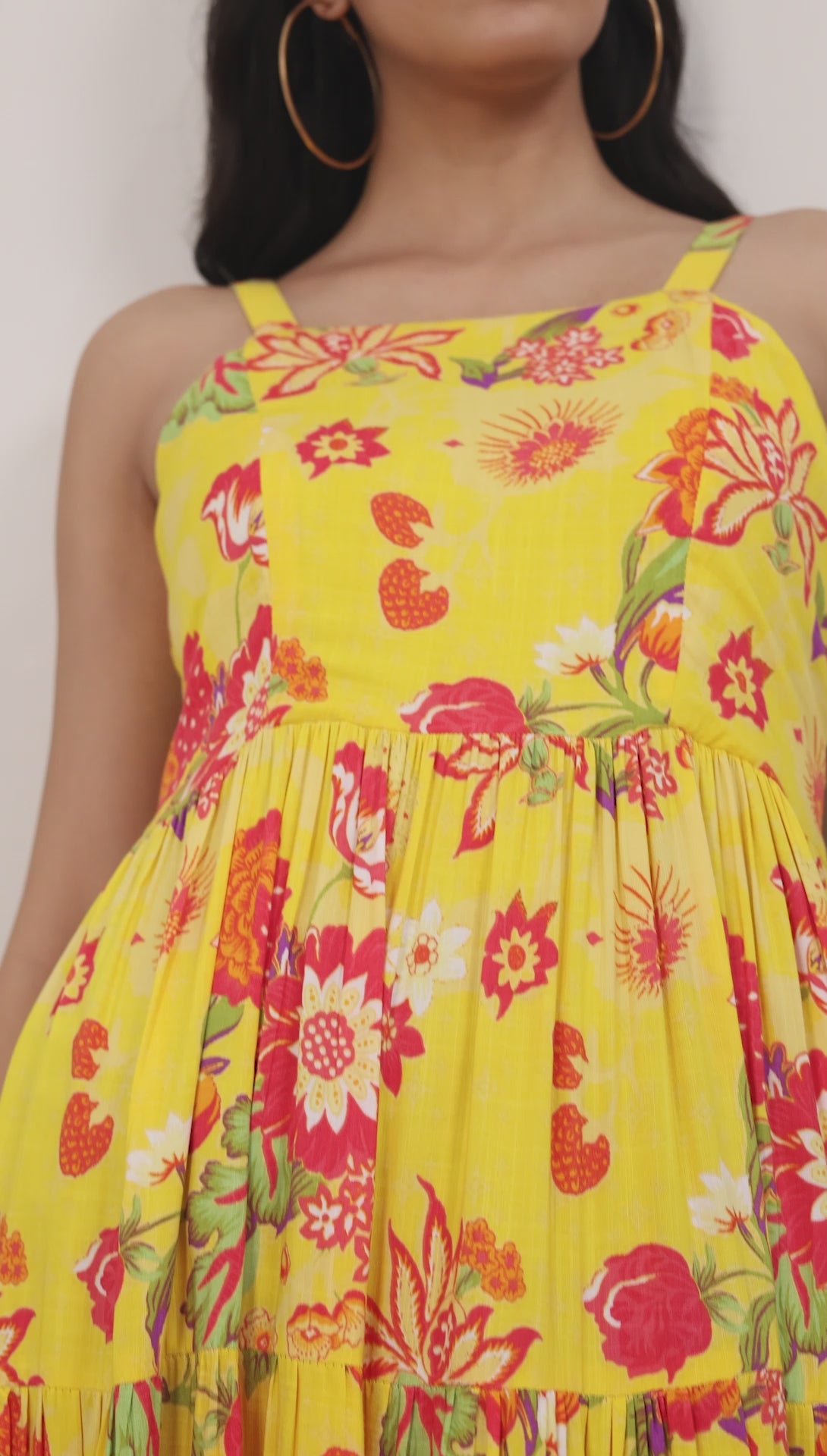 Yellow Floral Printed Strappy Tiered Dress