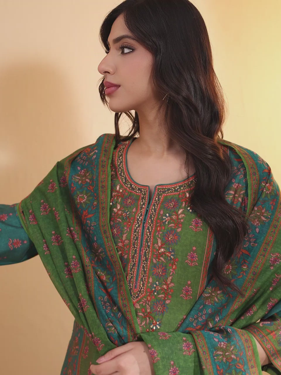 Green floral print kurta set by BIBA, product video