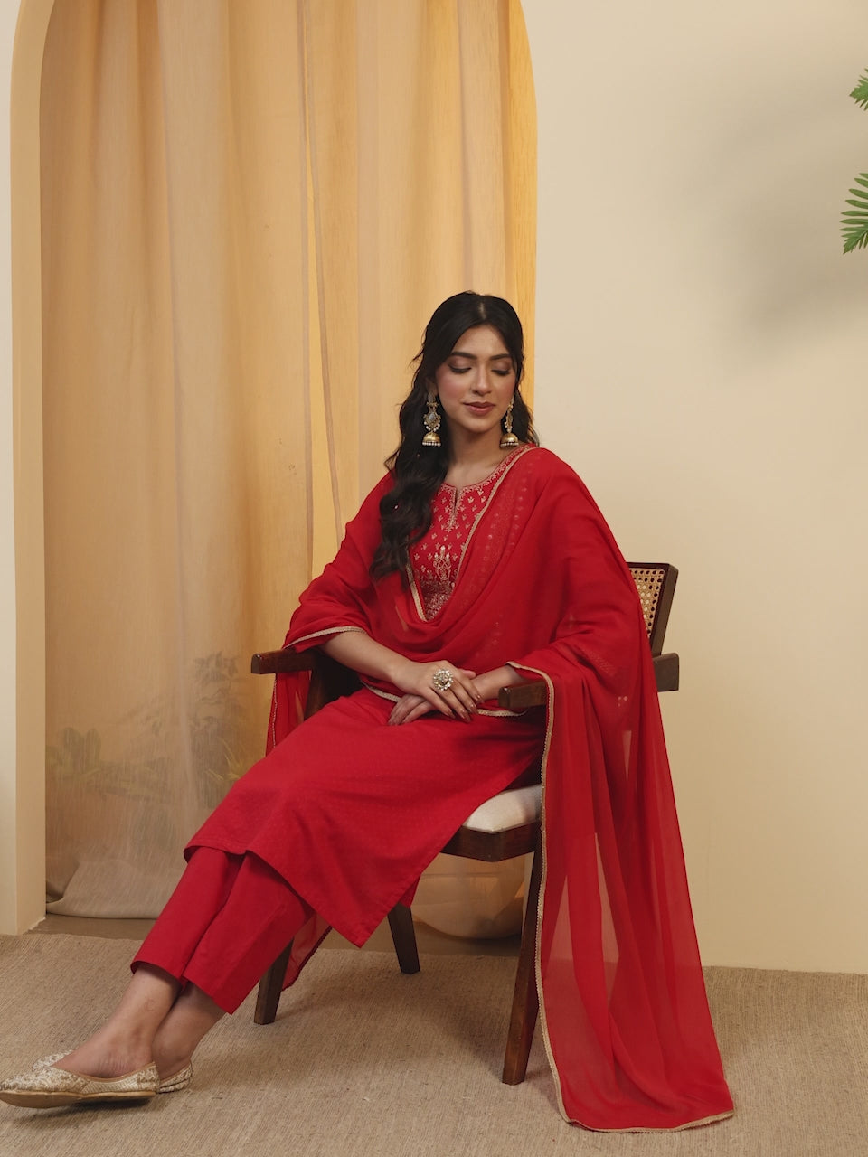Red Cotton Yoke Embroidered Straight Kurta Set