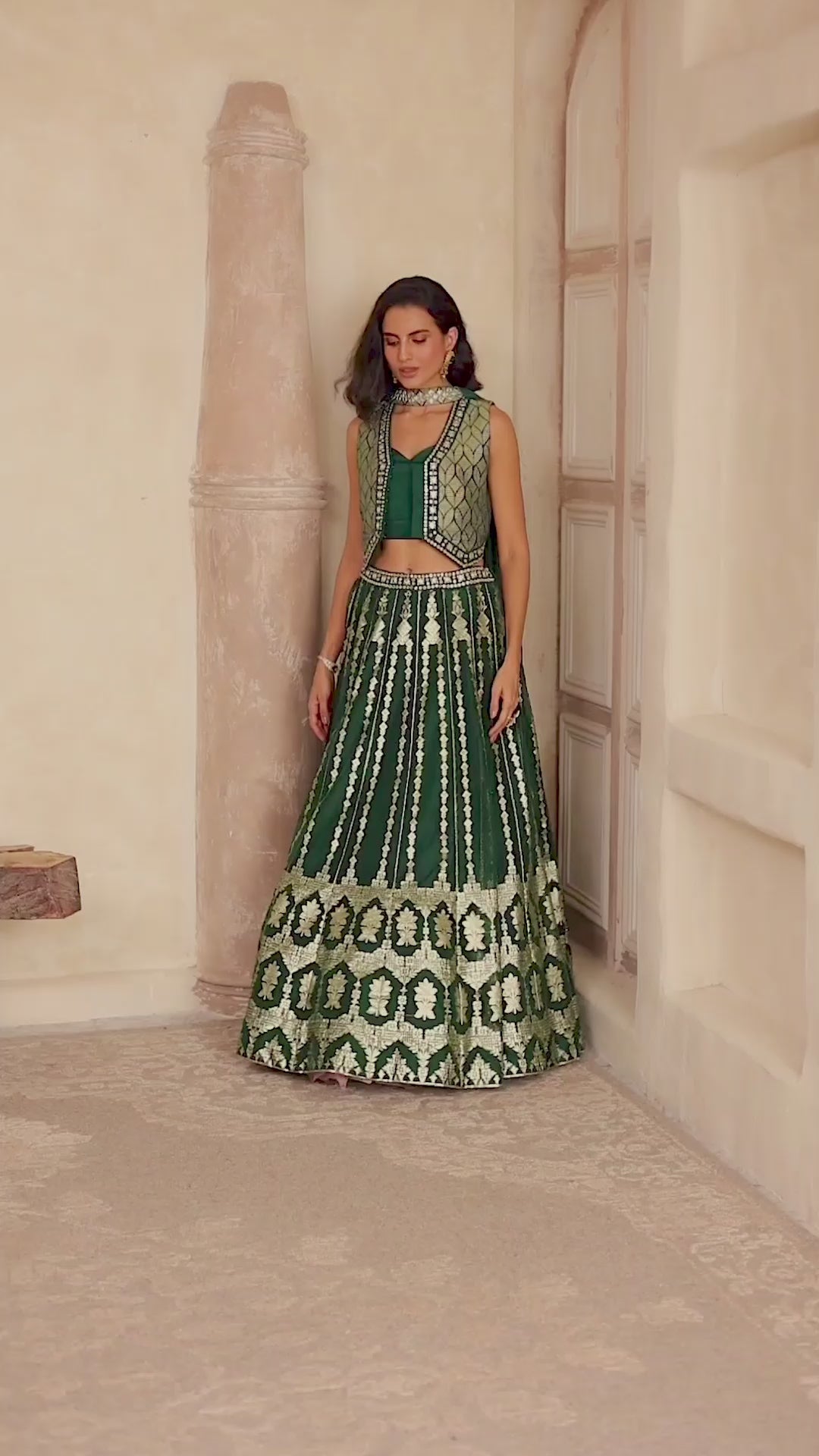 Green Jacquard Printed Mirror Work Lehenga Set