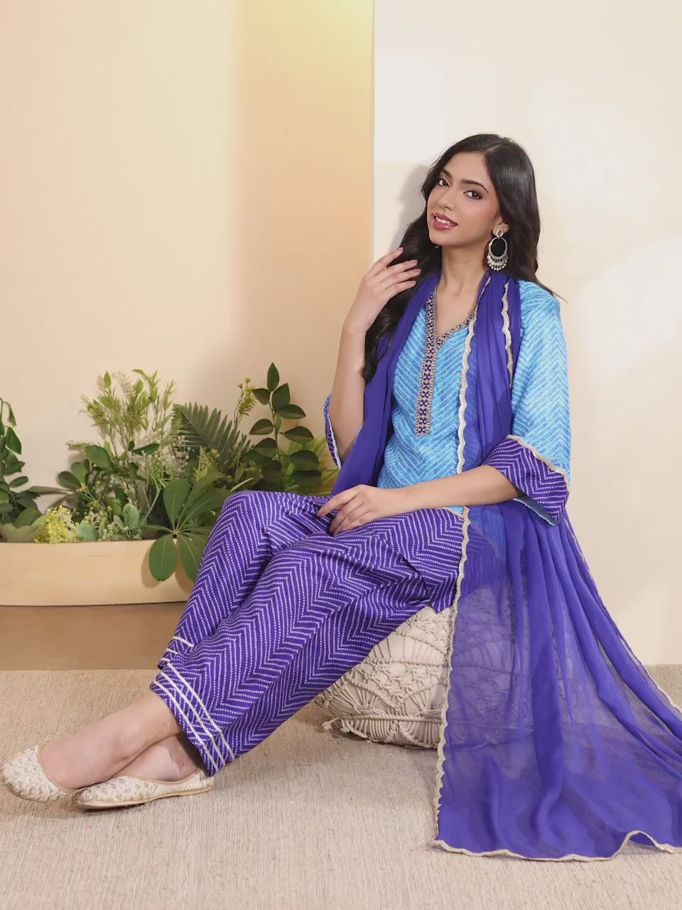 Blue chevron print kurta set by BIBA, product video