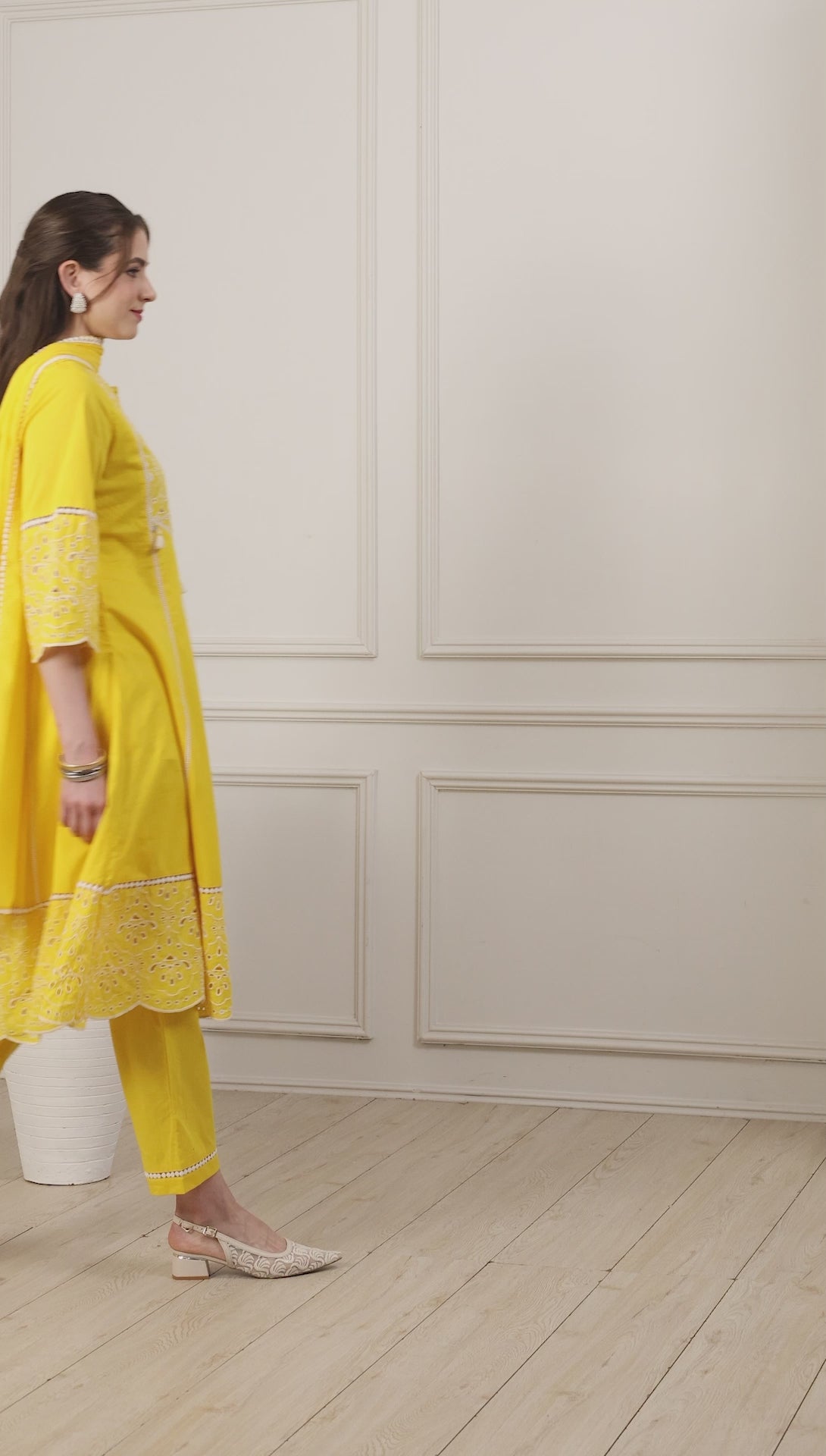 Yellow Cotton Schiffli Embroidered Kalidar Suit Set