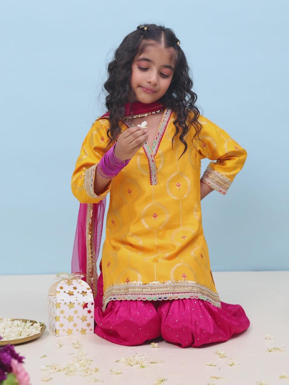Girls yellow sharara kurta set with dupatta by BIBA, product video