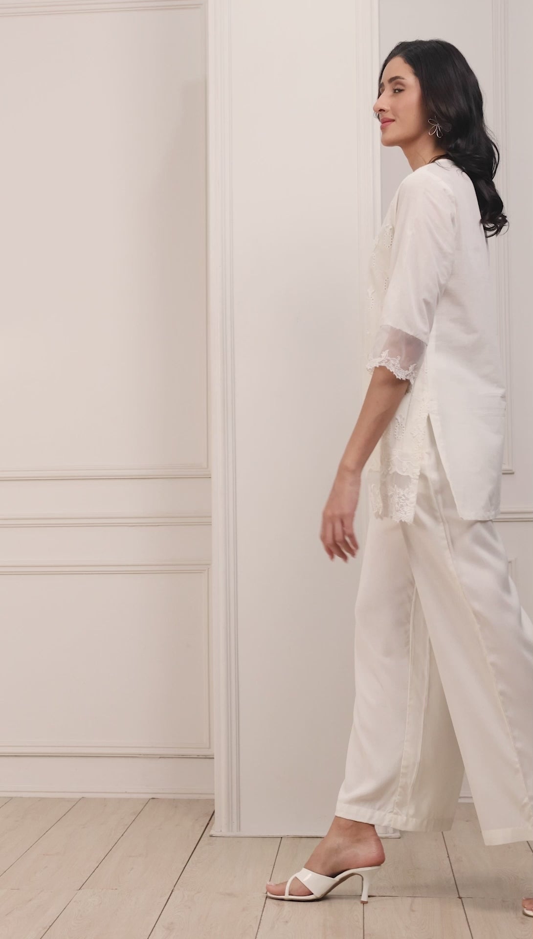 White Cotton Embroidered Schiffli Straight Suit Set
