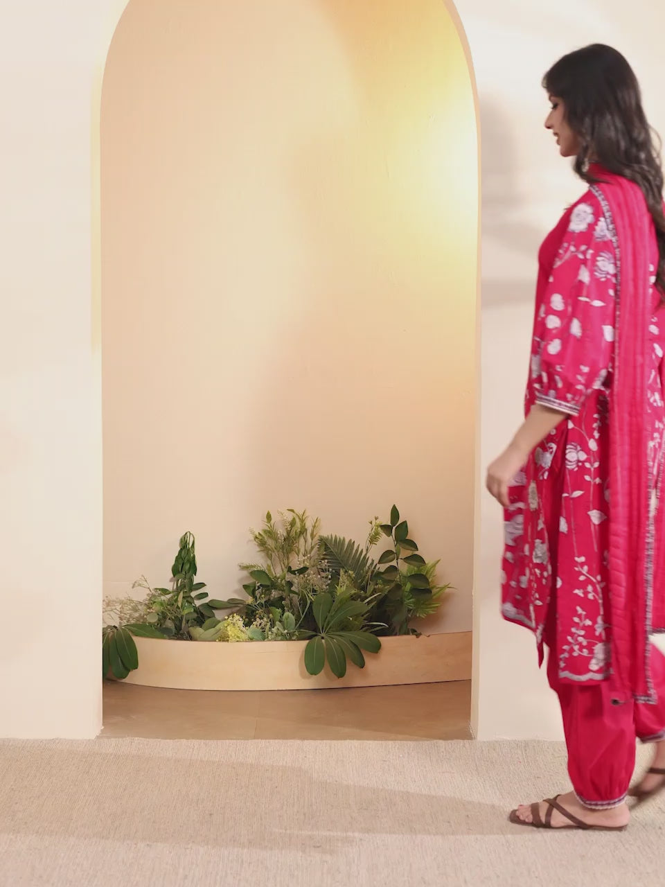 Fuchsia floral kurta set with Patiala pants and dupatta by BIBA, product video