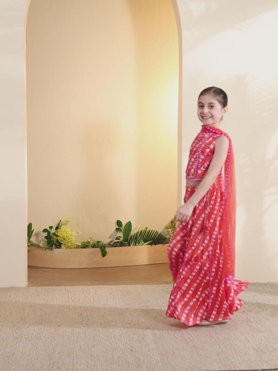 Girls pink and orange leheriya lehenga choli set by BIBA, product video