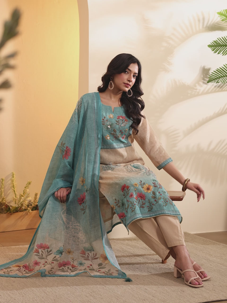 Green & Beige Printed Cotton Straight Kurta Set