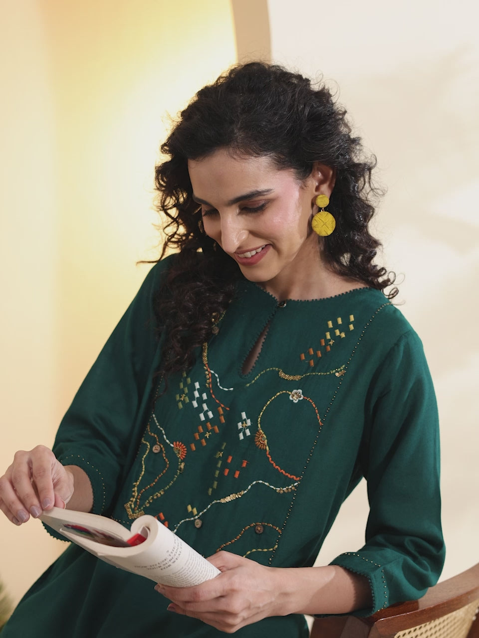 Bottle green embroidered straight kurta by BIBA, product video