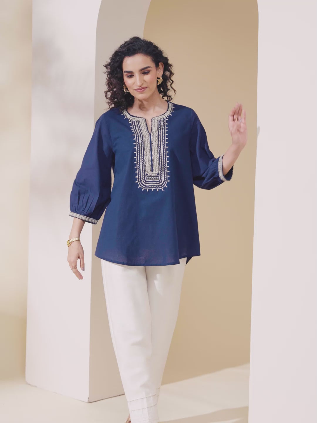 Navy blue embroidered tunic short kurti by BIBA, product video