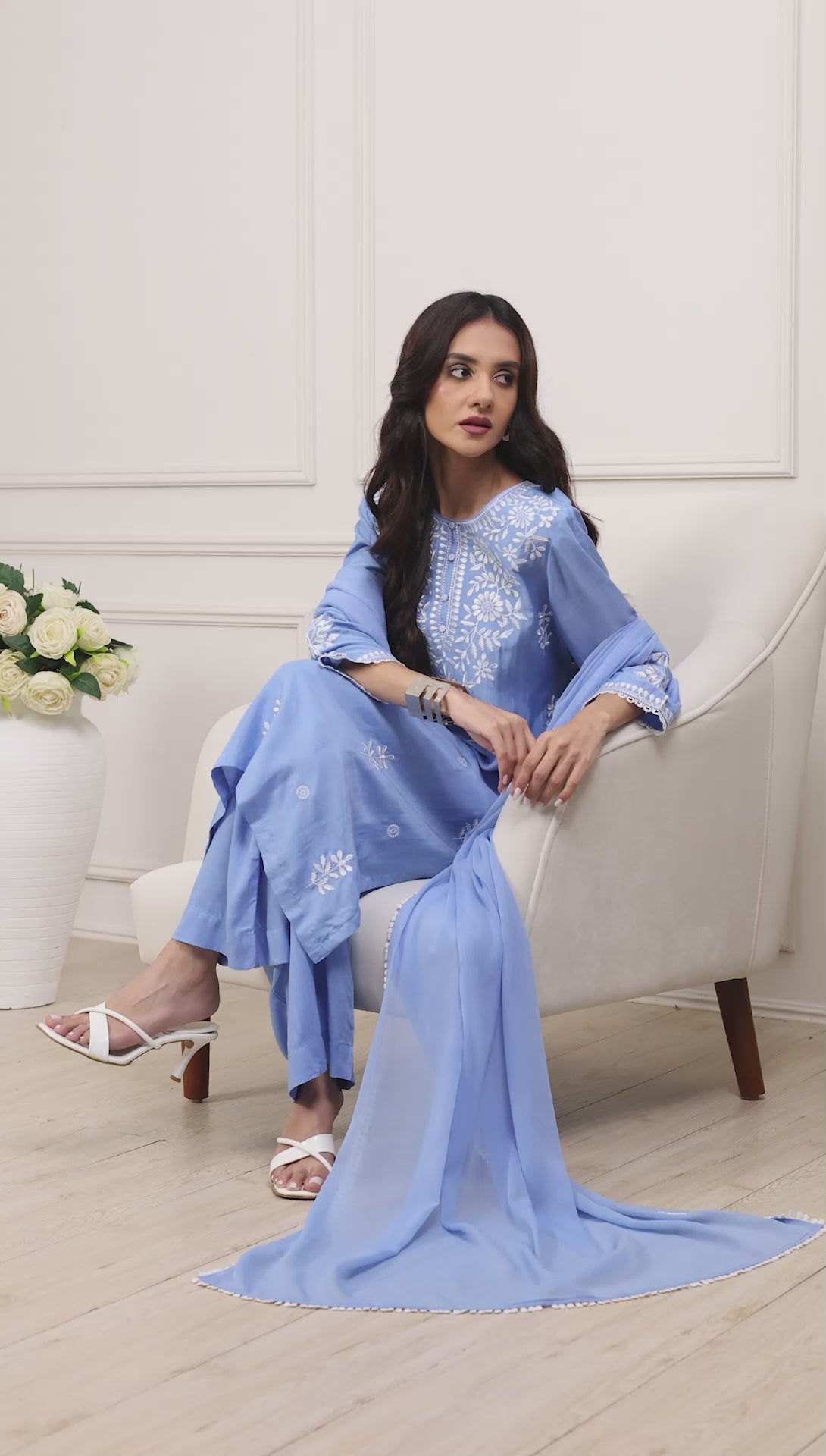 Blue Poly Viscose Floral Embroidered Straight Suit Set