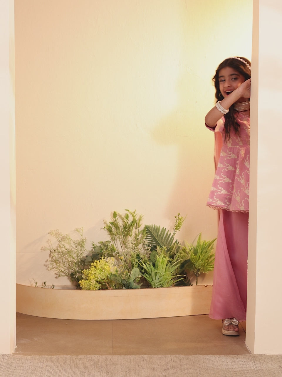 Kids- Peach & Gold Printed Sharara Set