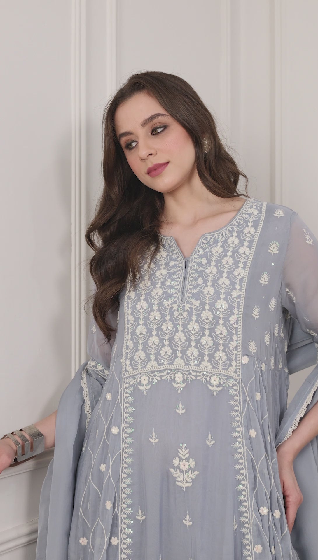 Blue Viscose Organza Floral Embroidered Kalidar Suit Set