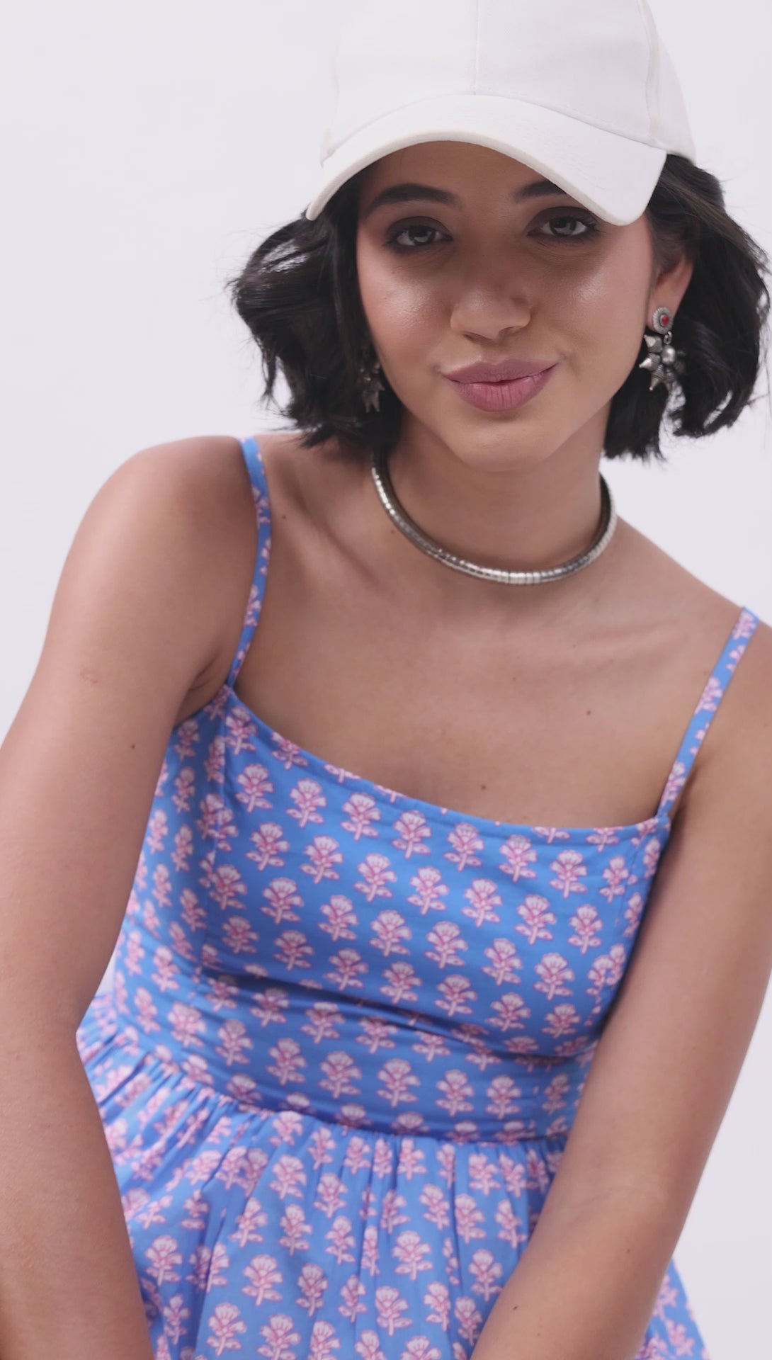 Blue Cotton Floral Tie-Up Back Peplum Top