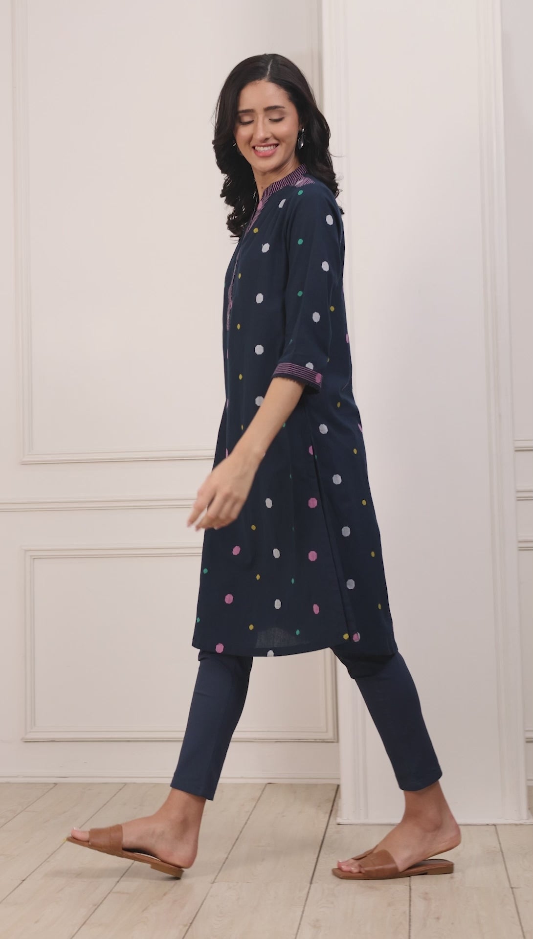 Navy Blue Cotton Polka Dot Straight Kurta
