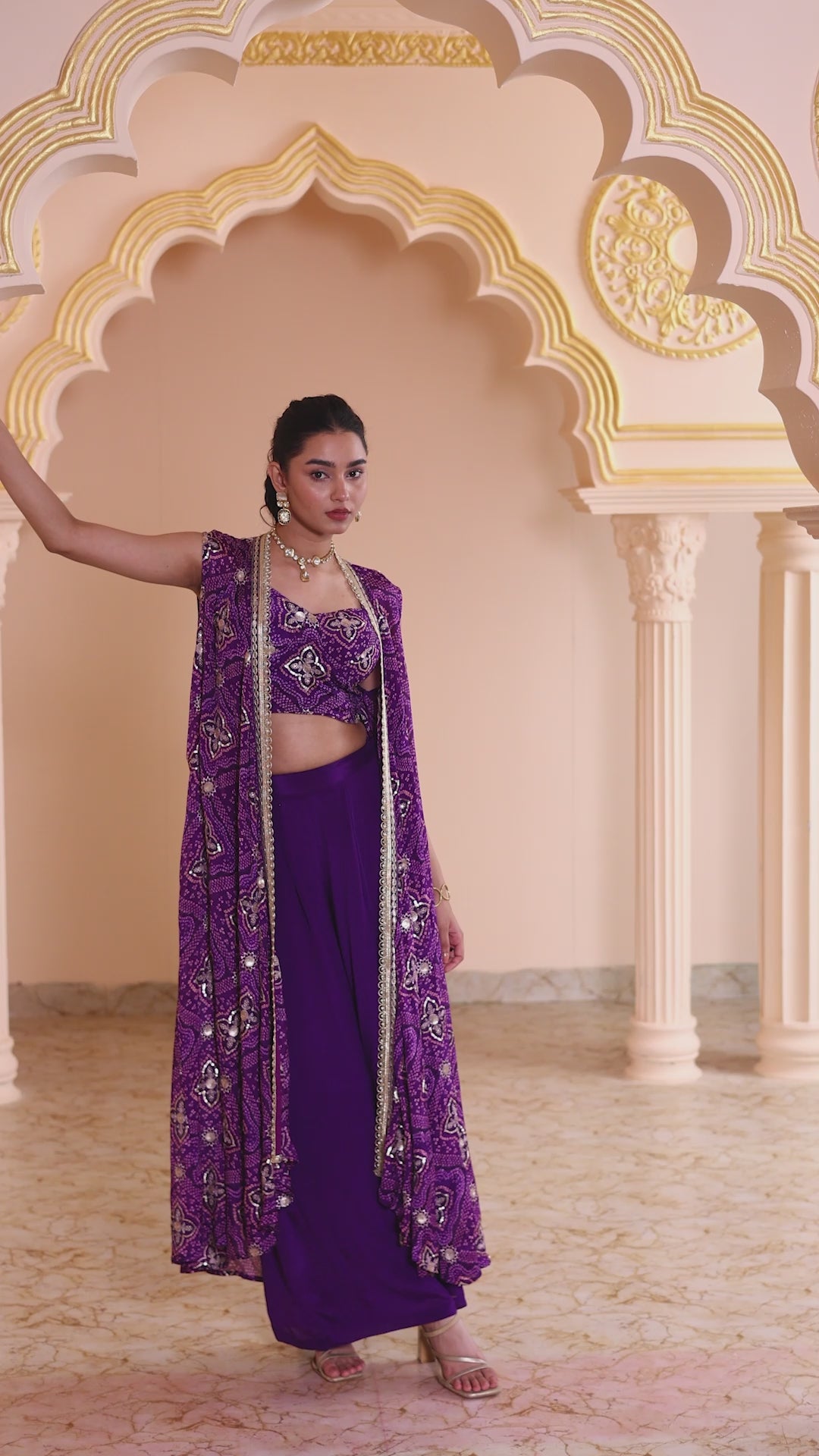 Purple Pure Chinnon Bandhani Printed Fusion Set