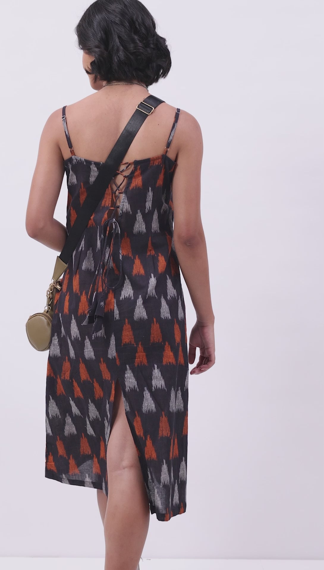 Black Cotton Abstract Strappy Midi Dress