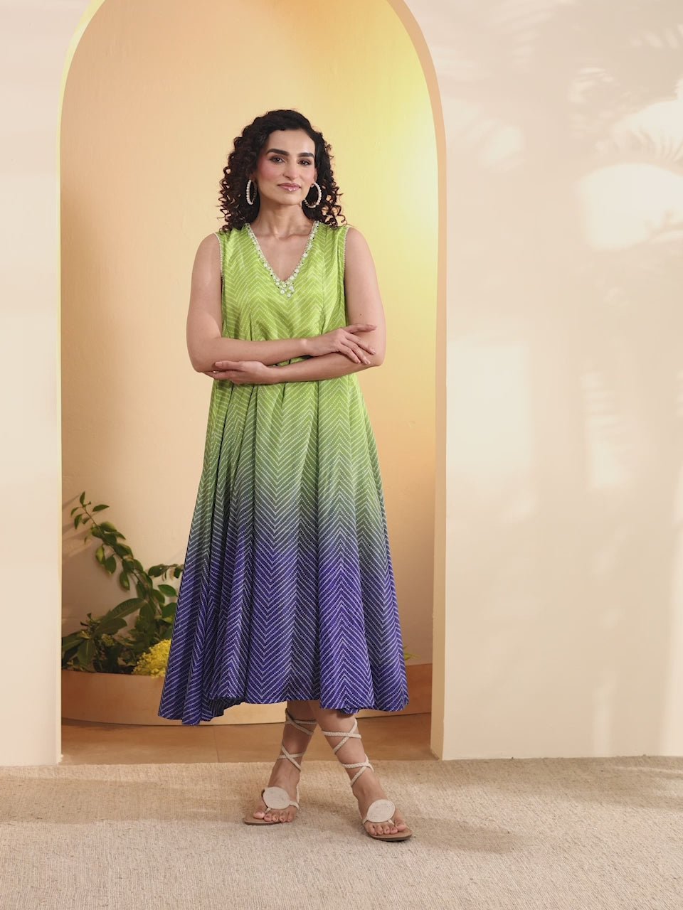 Green and navy blue ombre chevron print dress by BIBA, product video