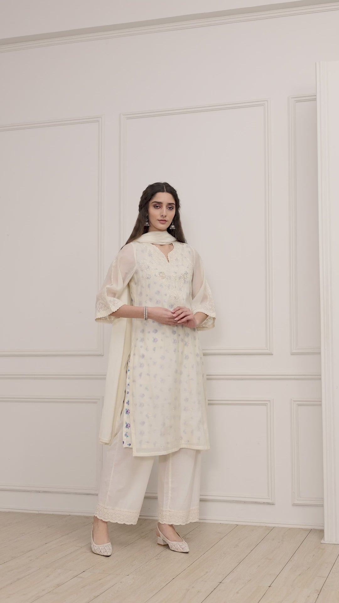 Ivory chanderi embroidered straight suit set by BIBA, product video
