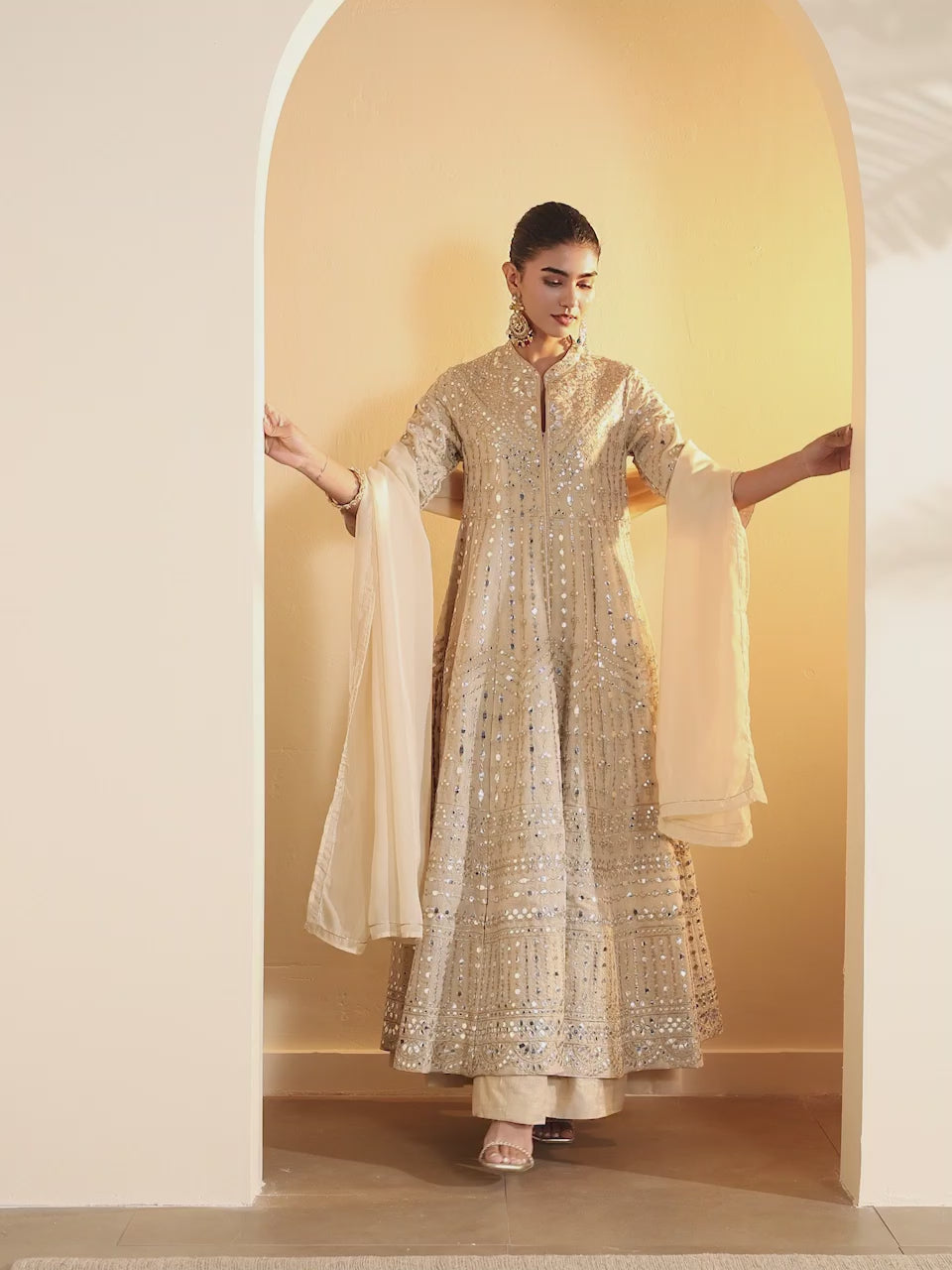 Beige Cotton Zari Tissue Kalidar Kurta Set