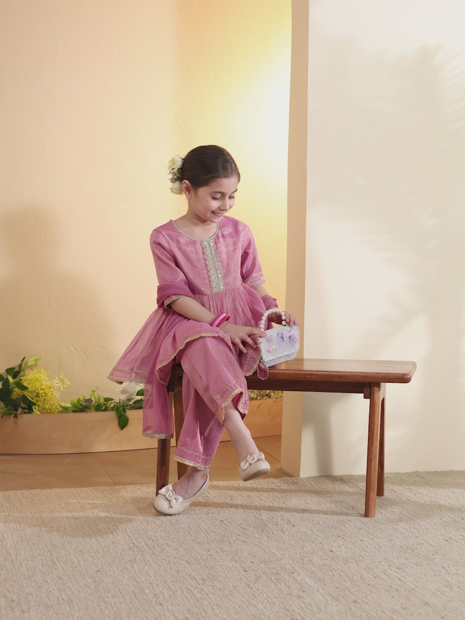 Girls pink shimmer peplum kurti, palazzo and dupatta set by BIBA, product video