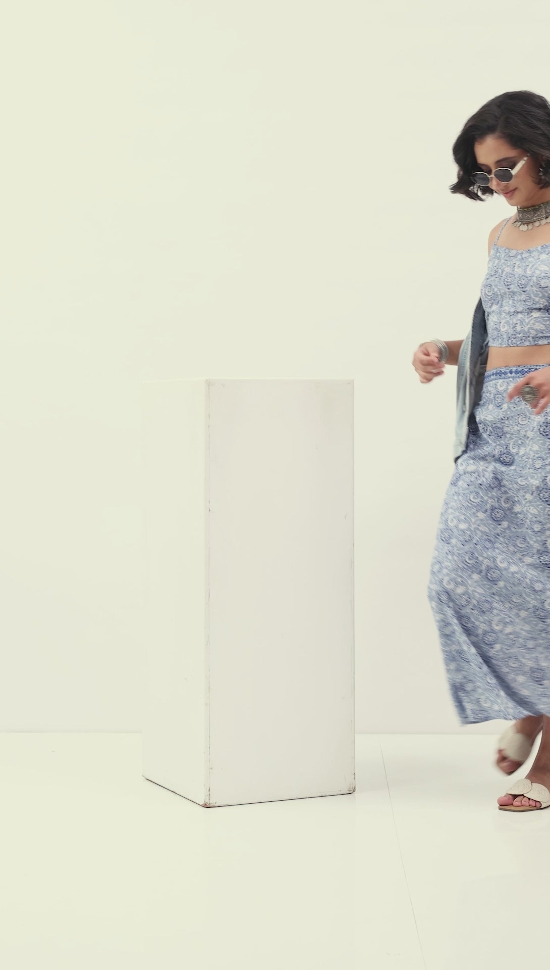 Blue Cotton Floral Side Slit Maxi Skirt