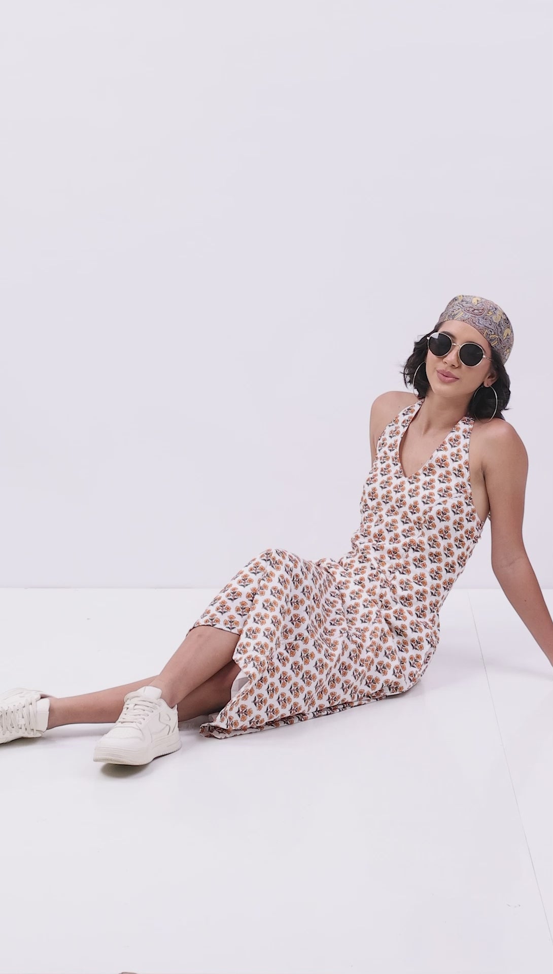Ivory Cotton Floral Tie-Up Midi A-Line Dress