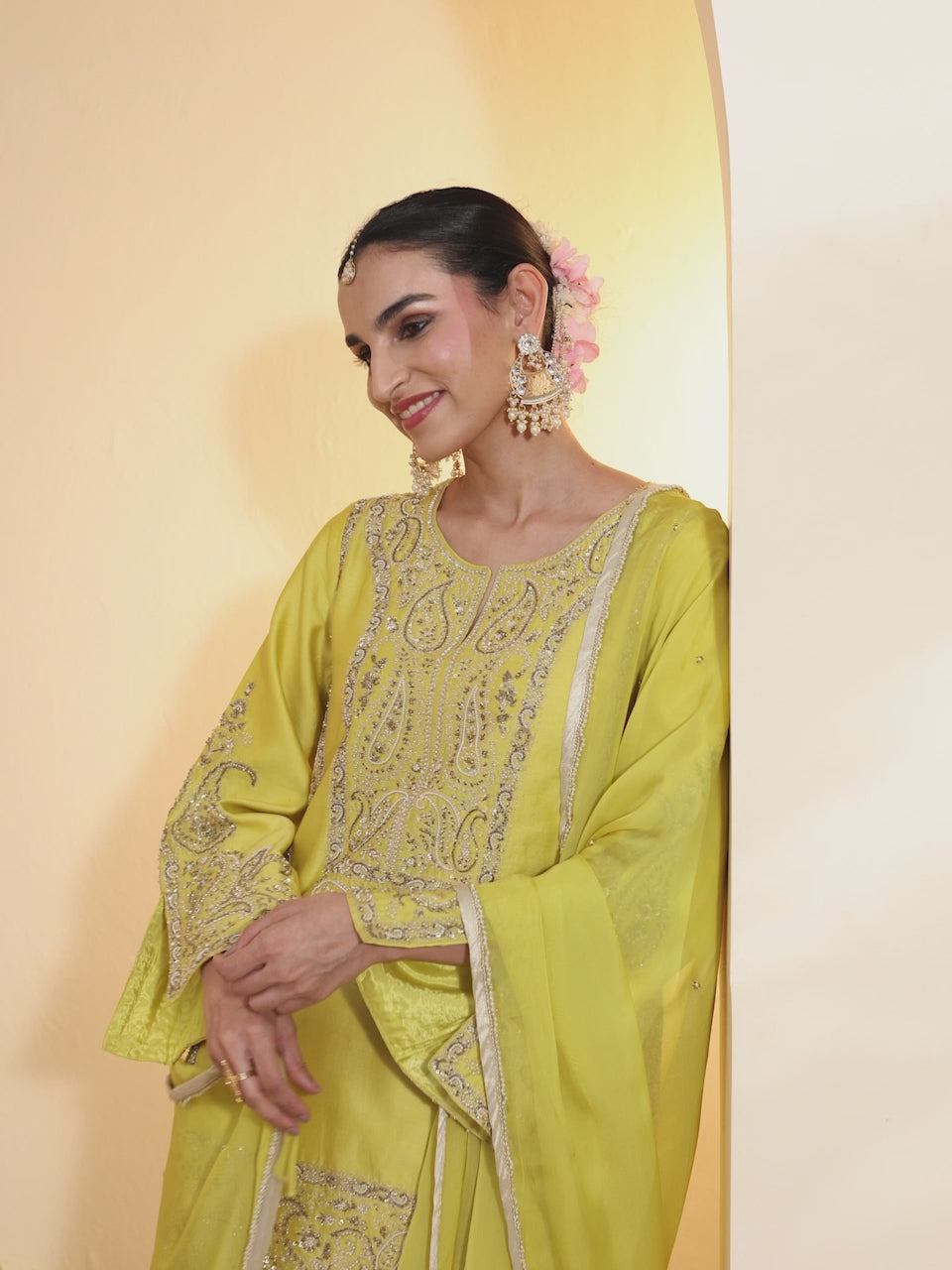 Lime Yellow Embroidered Sharara Set