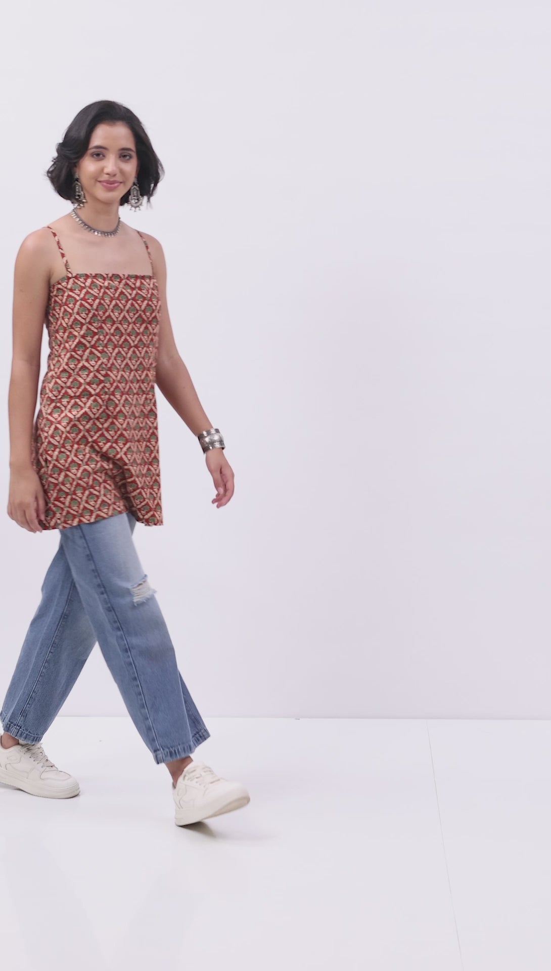 Rust Cotton Floral Printed Lace-Up Kurti