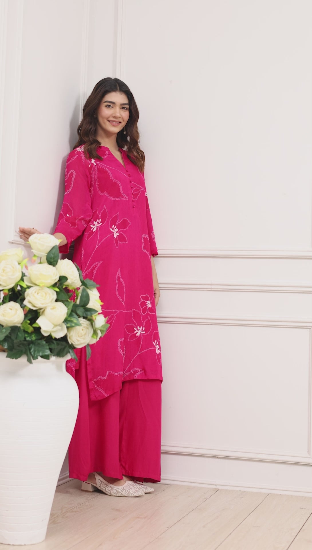 Pink Chinon Floral A-Line Kurta Set