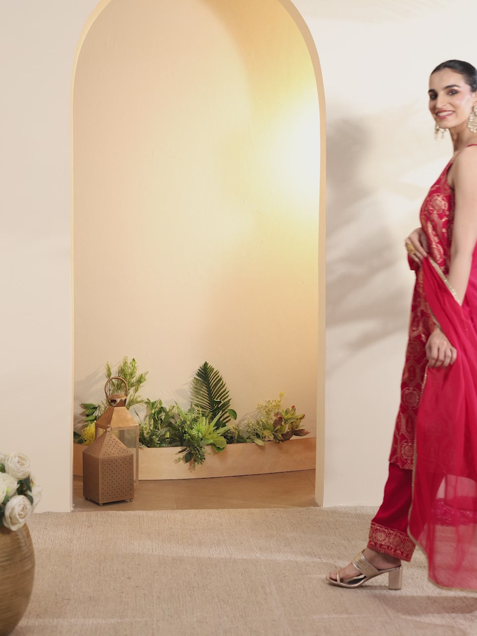 Red and gold embellished kurta set by BIBA, product video