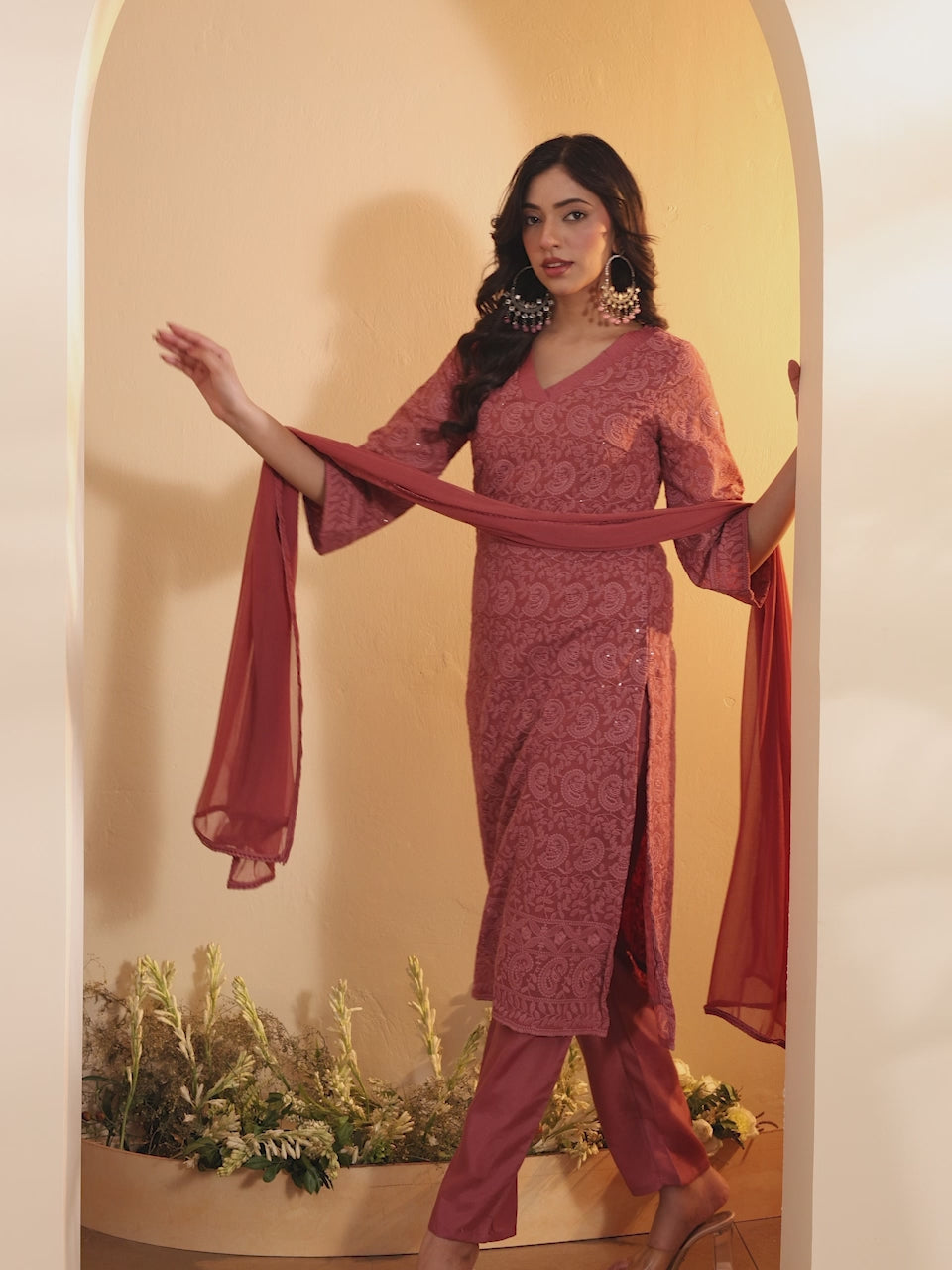 Brick Red Embroidered Straight Kurta Set