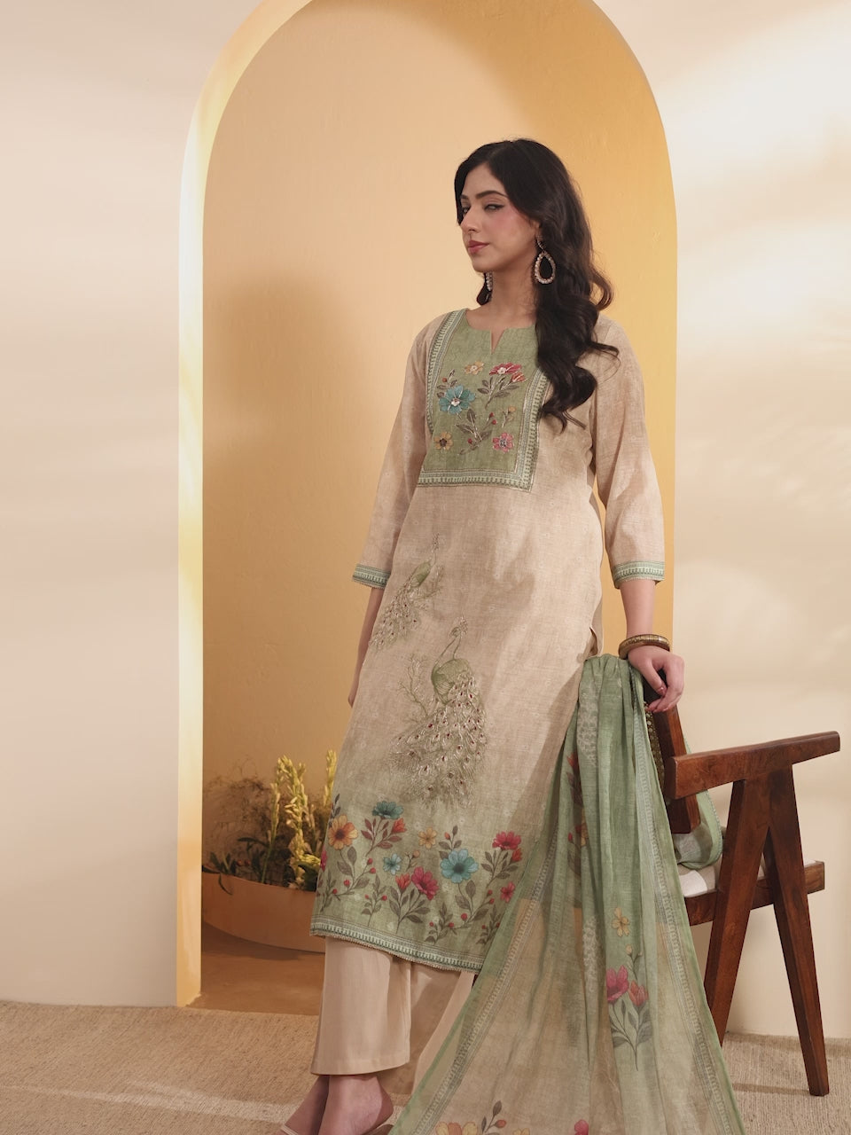 Green & Beige Printed Cotton Straight Kurta Set