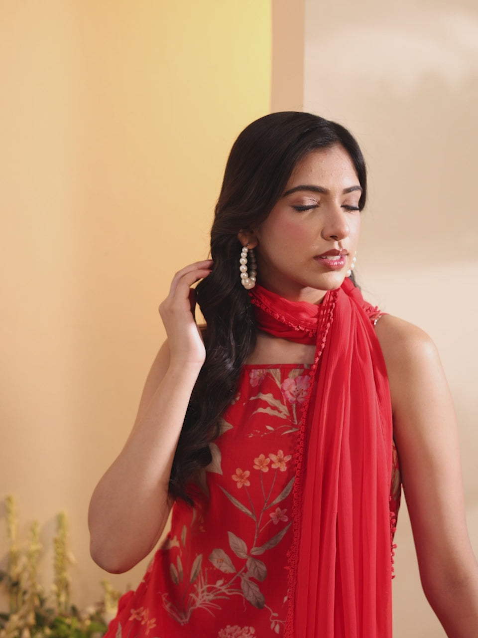 Red Floral Straight Viscose Blend Kurta Set