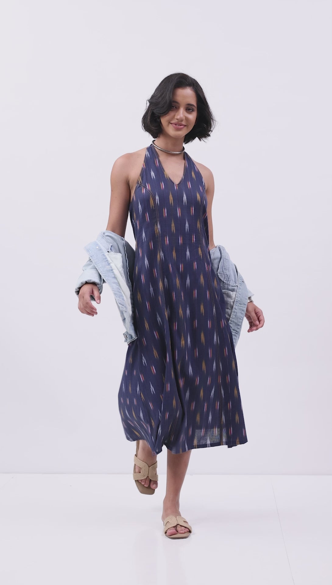 Navy Blue Cotton Abstract A-Line Midi Dress